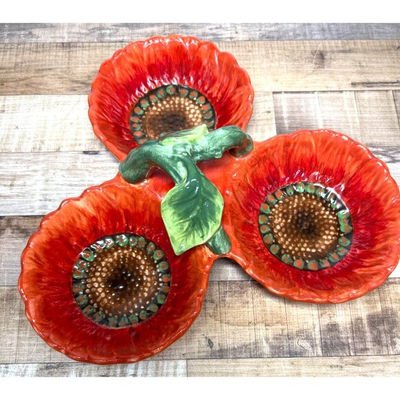 Maxcera Handcrafted Ceramic Sunflower Triple Bowl Dish - Picture 1 of 5